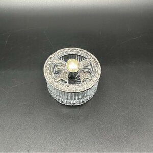Vintage Trinket Dish Vanity Jewelry Jar Pewter Glass Faux Pearl Cabochon Cottage